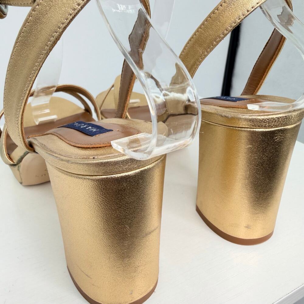 Margaux Gold Nappa Leather Platform Sandals Size 37.5 Block Heel Ankle Strap - Picture 14 of 16